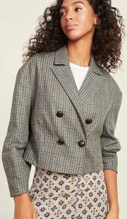 Veronica Beard Houndstooth Sybille Cropped Blazer Wool Blend Size 0 Gray Brown