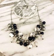 New York & Company Beaded Necklace Black Silver Chunky Bold Maximalist Statement