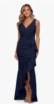 BETSY & ADAM Candace V-Neck Cascade Ruffle High-Low Gown in Navy Size US 6