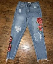 Cello embroidered roses distressed size 1 high waist mom jeans