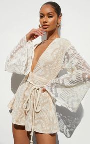 PrettyLittleThing Nude Lace Flare Sleeve Romper