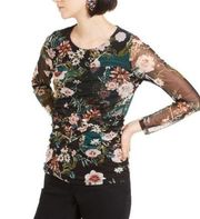 INC Green & Black Floral Long Sleeve Top Petite Small