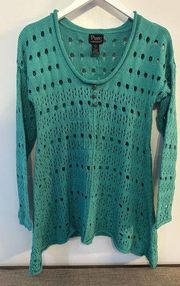 PURE handknit Green open open knit sweater XS/S Wood Buttons Asymmetrical Hem