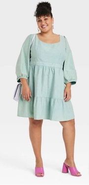 NWT Ava & Viv Women's Plus Size X Balloon 3/4 Sleeve A-Line Dress Teal Blue