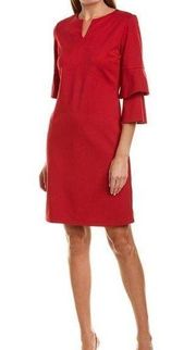 J. Mclaughlin Dress Red Eloise Bell Sleeve Slit Neck Ponte Knit Dress Sz M EUC