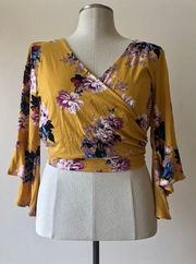 Floral Mustard Yellow Faux Wrap Crop Top