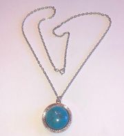 Vintage Silver Tone & Turquoise Color Blue Reversible Indian Head Boho Necklace