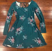 long sleeve green floral strappy back jersey knit dress size small