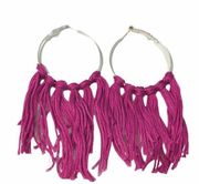 Boho Fringe Tassel Hoop Earrings Silver Tone Magenta Purple Big Statement Large