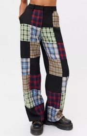 Patchwork Plaid Wide Straight Leg High Waisted Trouser Pants