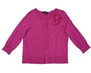 Cable & Gauge Pink Knit Button Up 3/4 Sleeve 3D Flower Cardigan Sweater Large