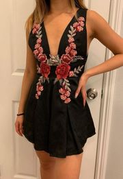 Short Black Parisian Rose Embroidered Romper