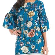 Bryn Walker Diego Tunic Floral Print Bell Sleeve Teal Blue Size Small Sz S New