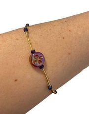 Adorable Gold Tone Bead Anklet with Iridescent Fruit Charm