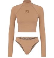 Fendi x Skims Tan Nude Brown Long Sleeve Two-Piece Swimsuit Bikini Set Small