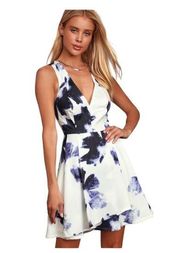 Lulus  Seeing Chic Blue and Ivory Print Skater Dress | Size S