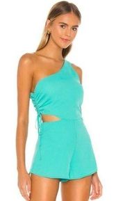 Superdown Turquoise Aimey One Shoulder Side Cut-out Ruched Summer Party Romper