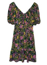 Multi Color Mini Flowy Floral Dress Size 6 V-Neckline Puff Sleeves