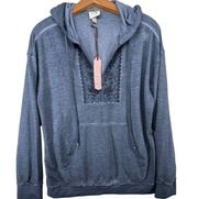 Knox Rose Women Popover Hoodie Sz S Blue Winter Haze Floral Embroidered Boho NEW