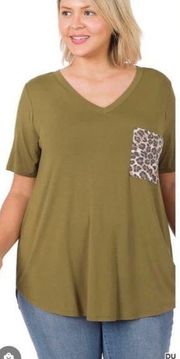 Zenana Olive Top With Animal Print Pocket NWT 1X