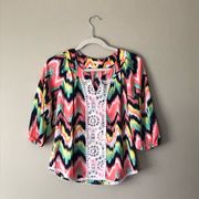 TAKARA | Multicolor Lace Boho Tunic Blouse Sz S