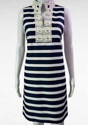 Jessica Howard Navy & White Stripe Crochet Trim Sleeveless Shift Dress Size 12