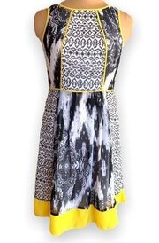 Leslie Fay Dress Sleeveless Black White Yellow Geometric Print Fit and Flare