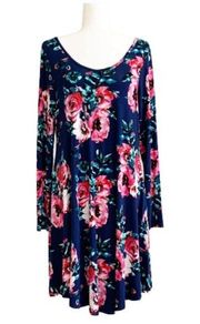 Dearcase Dress Blue Pink Floral Jersey Long Sleeve V-Neck Swing Dress Size Large