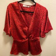 Bishop + Young Satin Front Twist Karlie Top Red Cheetah Print