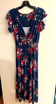 STITCH FIX LOVEAPPELLA Navy Blue Floral Wrap Front Flutter Sleeve Maxi Dress