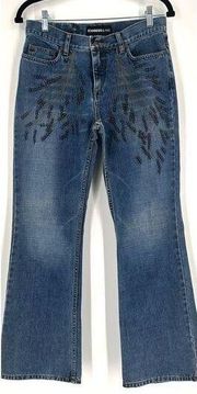 Vintage Express Women's Studded Feather Design Bootcut Jeans Blue Denim Size 5/6