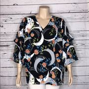 Alfani Woman NWT Size 3X Crescent Moon Floral Print Ruffle V-Neckline Blouse Top