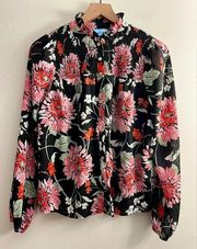 Draper James black floral print smocked gold button long sleeve blouse S