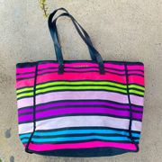 Victoria Secret Tote Bag Pink Black Purple Yellow Striped Beach Bag Tote Large