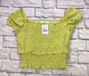 Lush Yellow Print Smocked Cropped Top Womens Size Medium