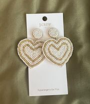 J. Crew Gold and White Beaded Dangling Heart Earrings