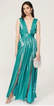 Rent the runway sz L Bronx and Banco Teal Romi metallic plunge double slit gown