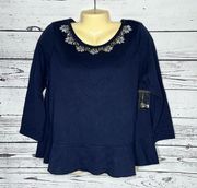 Crown & Ivy NWT Size S Navy Blue Embellished Tulip Peplum Hemline Knit Top