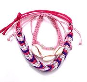 New set of 3 Pink stackable braided cord shell bracelet