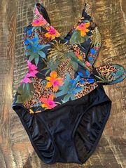 Vintage Longitude Swimsuit Black Floral Animal print size 12 great condition