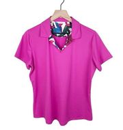 Lady Hagen Magenta Pink Floral Tropical Print Collared V-neck Polo Tee Large