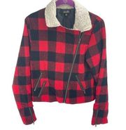 Dee Elle Vintage Red Buffalo Plaid Sherpa moto Jacket angle zip Medium