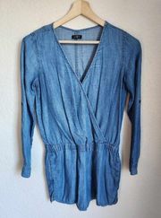 Loft Chambray Faux Wrap Denim Romper With Pockets Size 2