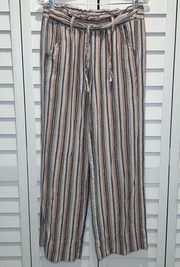 Linen blend striped pants front tie stretchy bunched waist size medium