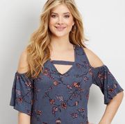 Maurices Floral Peplum Ruffled Short Sleeve Cut Out Shoulder Top