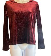 Impressions Womens Medium Petite Vintage Burgandy Silver polka Dot Velvet Blouse