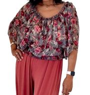 floral gray pink sheer ruffle dolman sleeve blouse TB 2525