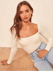 💕REFORMATION💕 Gaia Bodysuit ~ Square Neck Ribbed Long Sleeve White XL NWT