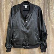 PINK Victorias Secret Black Satin Embroidered Logo Bomber Jacket L/XL