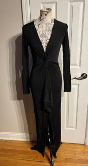 Vintage y2k Plunge Twist Knot Split Tie cascade Fitted Bodice Ribbed Long Sleeve Party Cocktail Black Maxi Tuxedo Dress V-neck